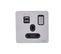 Schneider Electric, USB Sockets 13A 1 Gang DP Switched with 2 x Ports 2.1A Shared USB, Acciaio inossidabile con interno nero., 1
