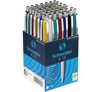 Schneider P003080x50 50 Penne a Sfera, colore assotiti, 50 Pezzi | Colore inchiostro: blu, indelebile, spessore del tratto M, clip in metallo e pulsante in metallo, ricaricabile