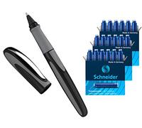 Schneider Penna roller Ray (ricaricabile con cartucce di inchiostro standard, adatta per destrimani e mancini) (1 pezzo + 18 cartucce aggiuntive) onice