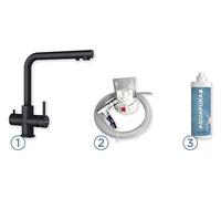 SCHOCK|Miscelatore Cucina NEW AQUAPURA 3X1 Kit Completo: 1 Miscelatore VITUS 3 vie inox colore Nero Opaco, kit Installazione + Microfiltro Aquapura 2 a Carboni Attivi, Abbinabile ai lavelli Schock