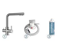 SCHOCK|Miscelatore Cucina NEW AQUAPURA 3X1 Kit Completo: 1 Miscelatore VITUS 3 vie inox, kit Installazione SXKIT2 + Microfiltro Aquapura 2 a Carboni Attivi SXFILTRO2, Abbinabile ai lavelli Schock