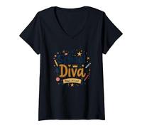 School Diva Back to Cool Girls Student Queen Starry Pencil Maglietta con Collo a V, Donna, Nero, XL