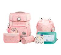 SCHOOL-MOOD Champion Pro - Set di 7 zaini per la scuola da 21,5 l, sistema ergonomico Easy Fit per 1 m fino a 1,50 m di altezza, stabile, tessuto impermeabile con catarifrangenti, arcobaleno, Zaino