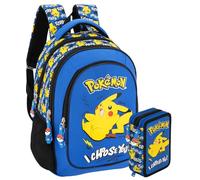 School Pack Completo Zaino Scuola Ergonomico 33x43x20 cm con Astuccio coordinato 3 Scomparti 46 Pezzi - Per Pokemon Fan - Elementare e Regalo Bambino
