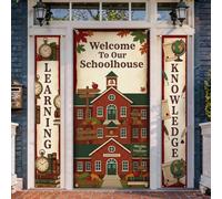 Schoolhouse - Set di coperture per porta di benvenuto educative, libri autunnali, globi autunnali, colore rosso, per vacanze, portico, striscione decorativo per casa, esterno, ingresso, cortile, patio