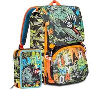 Schoolpack Zaino Scuola SJ Gang Boy Estensibile Squalo Blu + Astuccio 3 Zip Completo con Portachiavi