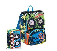 Schoolpack Zaino Seven SJ Gang Facce Boy Blu Estensibile + Astuccio 3 Zip Completo