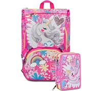Schoolpack Zaino SJ Gang Unicorno Rosa Rotondo con Luci + Astuccio Triplo Completo