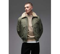 Schott - Giacca imbottita corta verde salvia e beige con colletto in pelliccia sintetica, tasca con zip e logo applicato 2XL