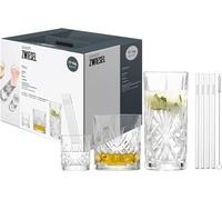 Schott Zwiesel Set da 17 Barset Show, 4 graziosi bicchieri da long drink, whisky e liquore con rilievo, 4 cannucce in vetro e 1 spazzola in cotone, bicchieri di cristallo lavabili in lavastoviglie