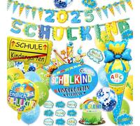 Schulkid, decorazione per l'inizio della scuola, 2025, ghirlanda, sacchetto di zucchero, palloncino in pellicola + bandierine di carta, palloncini, decorazione per l'inizio della scuola, ABC 123 (blu)