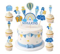 Schulkind - Decorazione per torta per l'inizio della scuola, 22 pezzi (blu) | Set di 22 decorazioni per torta di inizio della scuola, blu con arcobaleno e sacchetti per la scuola