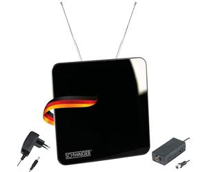 SCHWAIGER 720372 Antenna da interno DVB-T2 attiva con amplificatore antenna DAB+ DVB-T televisione LTE filtro di taglio ricezione televisione digitale aste telescopiche con supporto nero