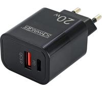 Schwaiger LADC2018 - Caricatore rapido USB-C 20 W, Power Delivery, doppia porta con USB-A QC 3.0, nero, plastica, alimentatore compatto per smartphone e tablet