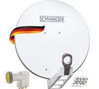 SCHWAIGER Set completo di parabole satellitari - Ø 80 cm Alluminio Offset Antenna in grigio chiaro - Include Quad LNB a 4 scomparti & LNB doppio braccio - Digital HD & 4K ricezione - Gestione cavi