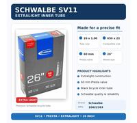 Schwalbe Camera d'Aria SV11 Extralight 26x1.00 650x23 Valvola Presta 60mm