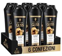 Schwarzkopf Gliss Ultimate Repair Shampoo Riparatore, 6 confezioni da 250ml, Shampoo con Keratina Liquida ed Estratto di Perla Nera, Trattamento alla Cheratina per capelli danneggiati e secchi
