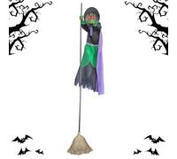Schwebender Hexenbesen - 3 Meter Sound Aktivierung Halloween Hexe - Gruselige Deko für Außen Tür Garten Zaun Vorgarten Einfahrt Partys