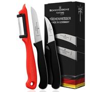 Schwertkrone® Set Coltelli Cucina 3x [MADE IN GERMANY]- Spelucchino Curvo & Dritto e Pelapatate - Coltello Frutta Verdura Professionale - Per Sbuccia Patate- Coltelli Verdure Acciaio - Affilati