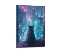 Sci - Poster decorativo da parete su tela con gatto in città al neon e decorazione moderna per la camera da letto, 40 x 60 cm