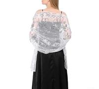 Scialle da sposa da donna con paillettes, in tulle trasparente ricamato, per serate, matrimoni, feste, stola lunga e scintillante, elegante accessorio per una serata formale (bianco)