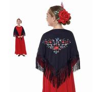 Scialle di Manila ricamo fiore tinta unita per donna ragazza, manton di fenicottero per il vestito da fiera, Sevillana o Fenicottero, colore nero rosso bianco rosa blu, Nero Fiore Piccolo, Taglia