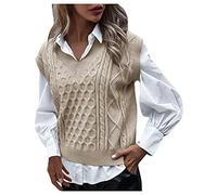 Scialli con cappuccio per le donne donne College gilet lavorato a maglia senza maniche con scollo a V retrò maglione gilet da donna manica a campana aperto davanti cardigan pizzo sciolto, cachi, M