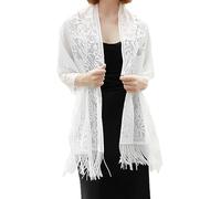 Scialli da Sposa Sciarpa di Pizzo, Stola Elegante Donna Cerimonia con Frangetta, Scialle Stola per Abito da Sera, Scialle Avvolgente in Pizzo Elegante Vintage da Donna per Festa del Mare (Bianco)