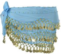 Sciarpa all'anca di danza del ventre, sciarpe all'anca con gonna di danza del ventre con 128 monete d'oro pendenti per lezione di yoga di danza del ventre in costume