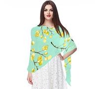 Sciarpa chiffon leggera morbida pura testa lunga avvolgere tutta la stagione giallo mimosa rami sfondo verde, Multicolore