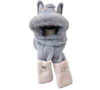 Sciarpa con cappuccio da donna, calda per l'inverno, in pelliccia sintetica, con cappello e guanti abbinati e simpatiche orecchie da volpe.