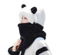 Sciarpa con cappuccio in pile - Animali dei cartoni animati in peluche, funzione scaldaorecchie integrata, protezione per il collo dal freddo, abbigliamento da sci e snowboard, taglia beige, Nero e