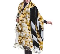 Sciarpa con frange in cashmere stampato con motivo Cinema Movie Clapboard And Popcorn, grande scialle con frange