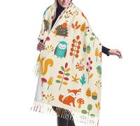 Sciarpa con nappe in finto cashmere, adatta per primavera, autunno e inverno, calda e morbida, coperta con sciarpa e nappe. Motivo autunnale con gufo, volpe, scoiattolo, uccelli e stampa animalier.