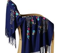 Sciarpa Cotone Donna,Sciarpa Da Donna Cashmere Feel Warm Scialle Di Pashmina Sciarpa Con Nappa Ricamata Tibetana Fiore Di Prugna Blu Navy Sciarpa Avvolgente Sciarpa Coperta Invernale Sciarpa Alla Mo