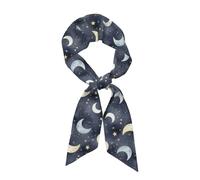 Sciarpa da donna in raso alla moda con luna, stelle e cielo notturno, lunga e stretta, ideale come foulard per capelli, fascia per capelli, manico di borsa o accessorio per borsetta.