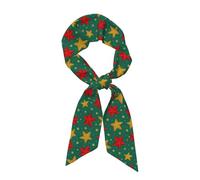 Sciarpa da donna in raso alla moda verde, rossa e gialla con stelle, lunga e stretta, ideale come foulard per capelli, fascia per capelli, manico di borsa o accessorio per borsetta.