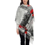 Sciarpa da donna rossa con stampa di Londra, scialle con frange alla moda autunno inverno, sciarpe morbide e calde, scialle avvolgente a prova di sole