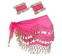 Sciarpa di danza del ventre con braccialetto, 128 monete gonna di danza del ventre cintura avvolgente con braccialetti alla caviglia per danza del ventre, lezioni di zumba o yoga costume da spettacolo