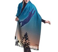 Sciarpa in cashmere Cat Fly to The Moon at Night per donna e uomo, leggera, unisex, alla moda, morbida, invernale, con frange, scialle e stole