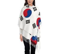 Sciarpa Lunga Donna Viscosamica, Corea del Sud Stampa Bandiera 1 Lato, Frangie - Scialle Morbido Inverno Autunno - Tocco Boho Chic,Bianco