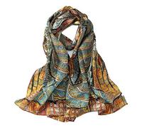 Sciarpa lunga in crêpe di seta classica con stampa artistica, Marrone e Turchese, 61" x 17" (155cm x 43cm)
