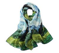 Sciarpa lunga in crêpe di seta classica con stampa artistica, Paesaggio Paese, 61" x 17" (155cm x 43cm)