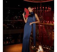 Sciarpa monocromatica con colletto a cravatta, nastro per il collo, abito da sera a vita alta senza schienale, abito lungo e abito lungo, perfetto per matrimoni, cene formali, feste e come abito da da