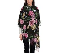 Sciarpe da donna a pois neri e bianchi, invernali, lunghe, morbide, calde, in lana, con nappa, scialle, stola sciarpa da donna, Black Blackgound Rose, Etichettalia unica