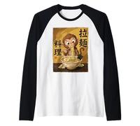 Scimmia Carina Che Mangia Spaghetti di Ramen Divertenti Maglia con Maniche Raglan