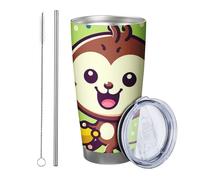 Scimmia con coperchio bicchiere Set di 1 Banana Fiore Pianta Animali Bella Divertente Carino Foglie Pianta verde marrone Isolato Metallo Can Cooler No Spill Scuola college vivaio senza stelo Doppia