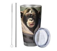 Scimmia con coperchio bicchiere Set Di 1 Novità Divertente Animali Leggi Giornale Buffalo Plaid Sfondo blu bianco Isolato Metallo Can Cooler No Spill Scuola College asilo nido senza stelo Doppia