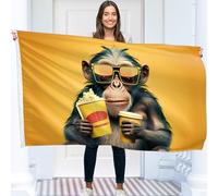 Scimmia con occhiali e bandiera popcorn - Grande bandiera divertente - Stampa su entrambi i lati - Poliestere 110D - Doppia cucitura - 2 occhielli in ottone, grande 90 x 150 cm (5 x 3 piedi)