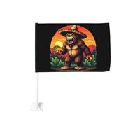 Scimmia gigante con sombrero che tiene un taco al tramonto, clip per finestra per bandiere per auto, decorazione con protezione solare, striscione bifacciale da 12x18 pollici per camion